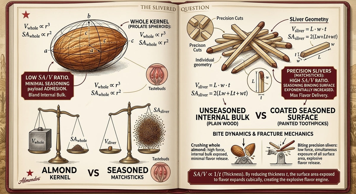 The Slivered Question infographic comparing whole almond kernels and seasoned matchstick slivers